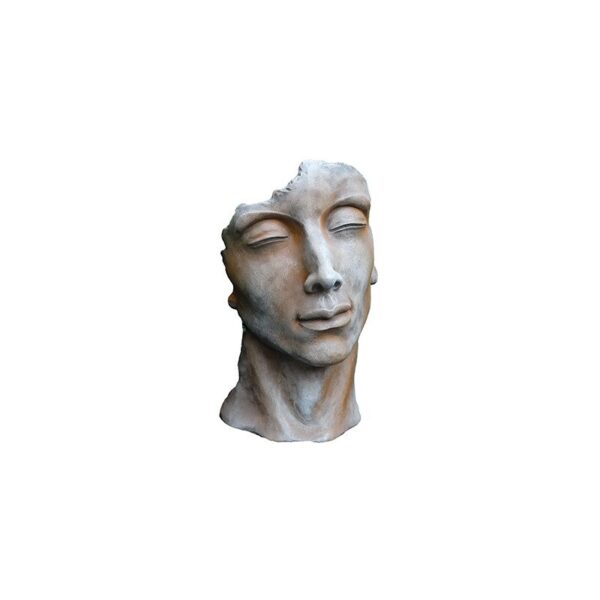 Sculpture visage d’homme effet demi-rouille pour décoration de jardin ou d’intérieur.