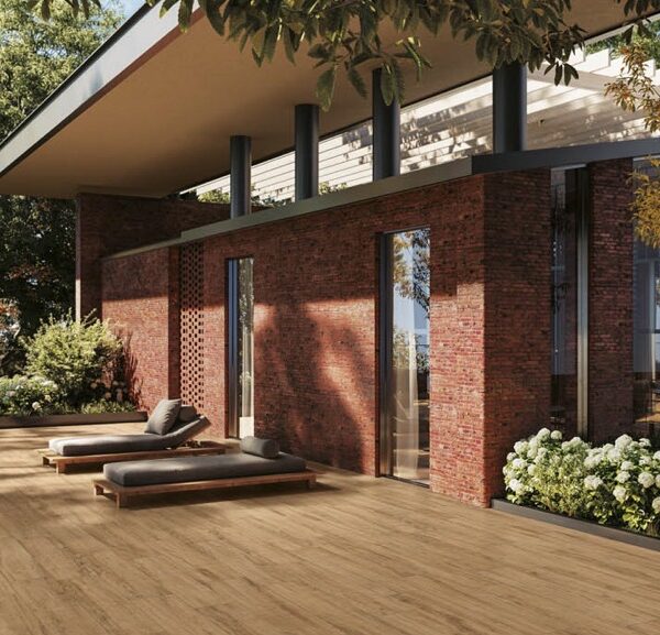 Dallage grès cérame Abea miel 30×120 cm, épaisseur 2 cm — dalle effet pierre pour sols intérieurs et extérieurs.