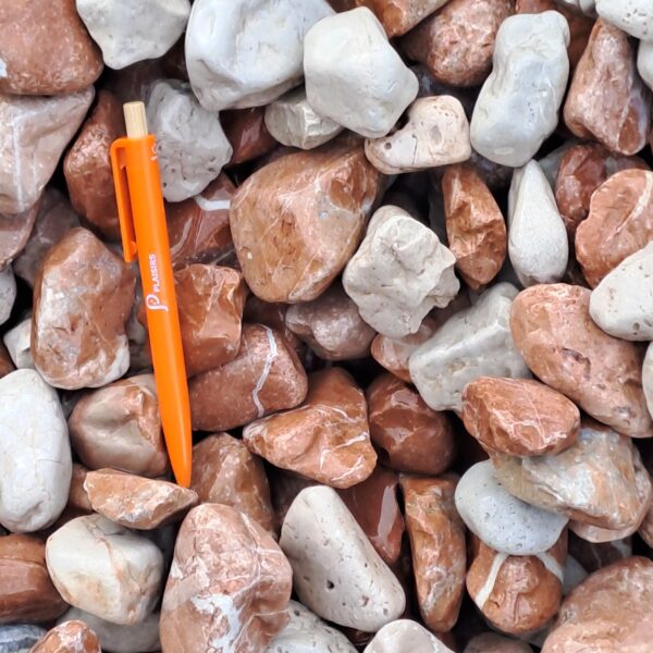 Galets Corail marbre brillant calibre 30-60 mm – pierres décoratives naturelles pour aménagement paysager extérieur.