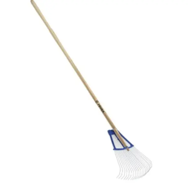 Balai à gazon bi-matière à fils ronds Revex EM avec manche en bois, idéal pour ramasser les feuilles mortes, l'herbe coupée et les déchets végétaux.