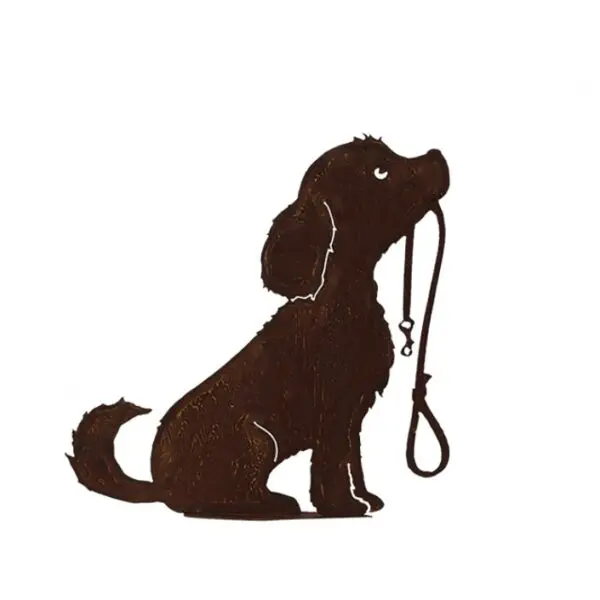 Statue chien Lucy avec laisse en métal sur socle hauteur 50 cm