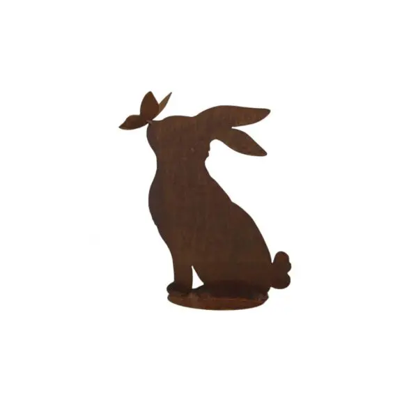 Statue de lapin en métal rouillé avec papillon sur socle 24 x 31 cm
