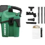 Aspirateur sans fil HiKOKI pour chantier et atelier avec cuve, poignée de transport et flexible d'aspiration.