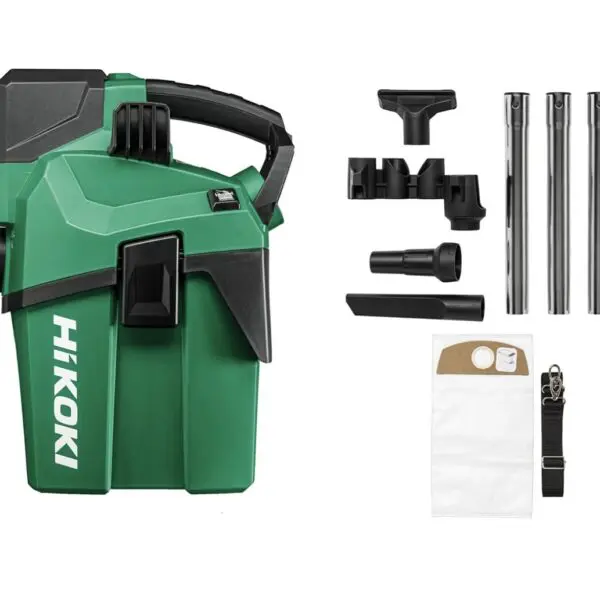 Aspirateur sans fil HiKOKI pour chantier et atelier avec cuve, poignée de transport et flexible d'aspiration.