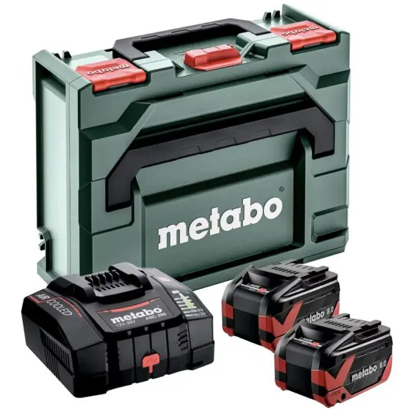 Lot de 2 batteries Metabo LiHD 18 V 8,0 Ah pour outils électroportatifs sans fil avec coffret de rangement.
