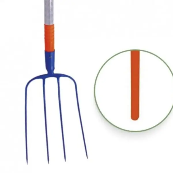 Fourche à fumier Revex 4 dents avec manche en résine orange de 135 cm pour soulever et transporter le fumier, la paille et les déchets verts.