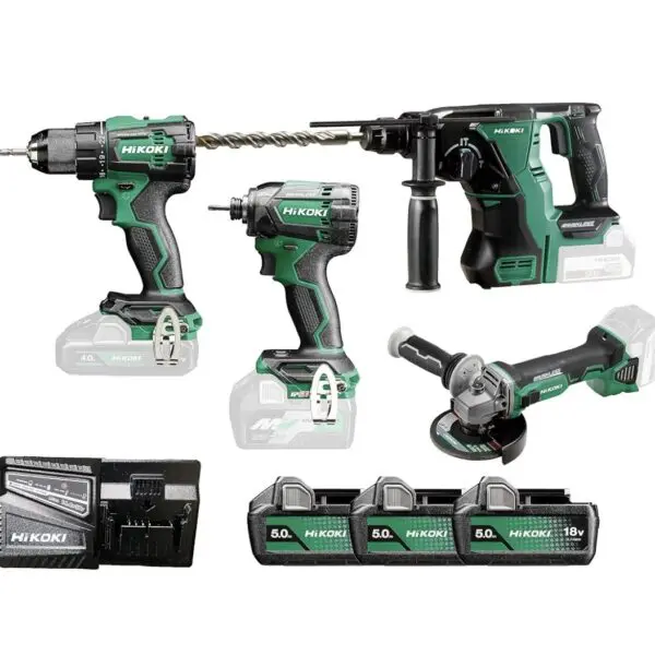 Kit HiKOKI avec deux batteries lithium-ion, chargeur rapide et coffret de transport pour outils électroportatifs sans fil.