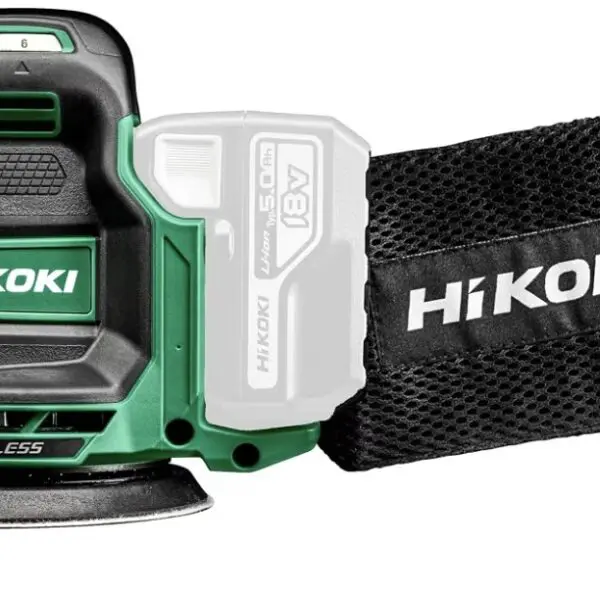 Ponceuse excentrique sans fil HiKOKI 18 V Brushless avec plateau de 125 mm pour le ponçage du bois, du métal et des surfaces peintes.