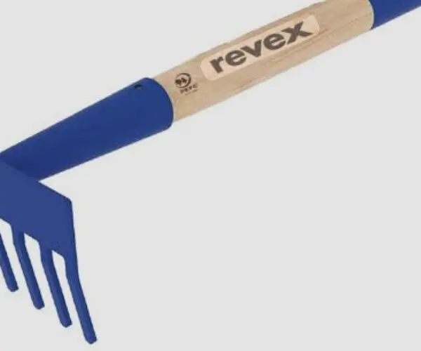 Râteau multi-tâches Revex à 7 dents en acier avec manche en bois de 40 cm pour ratisser, aplanir et tasser les petits espaces.