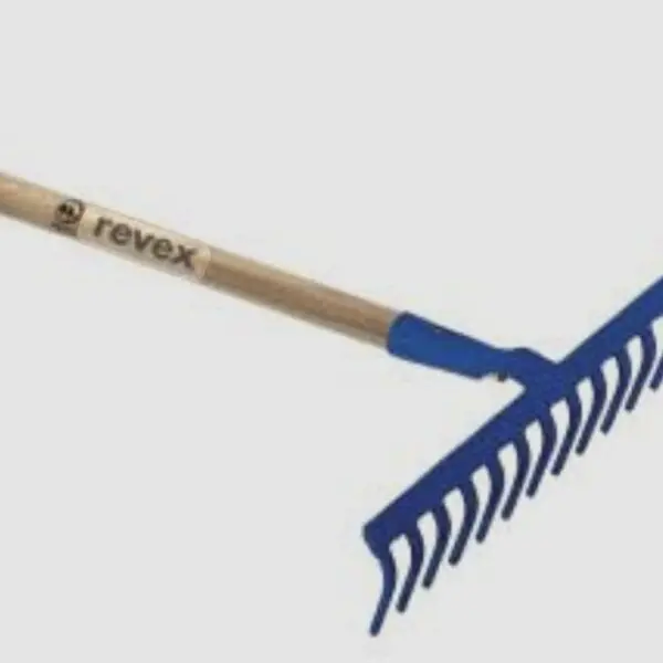 Râteau Revex à douille forgée 14 dents droites avec manche en bois, idéal pour ameublir, niveler et nettoyer les sols.