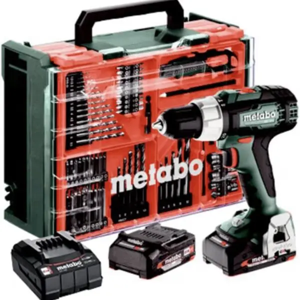 Set perceuse-visseuse sans fil Metabo 18 V avec batteries, chargeur, coffret et accessoires de perçage et de vissage.
