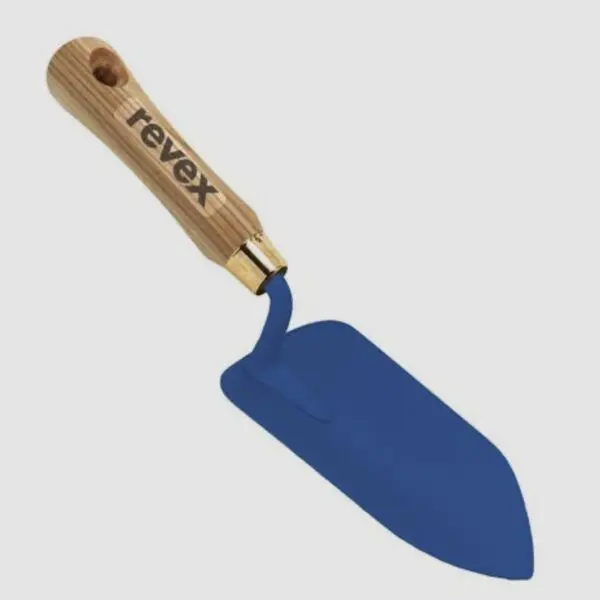 Transplantoir à soie forgée bleu REVEX avec manche en bois pour planter fleurs, bulbes et jeunes plants.