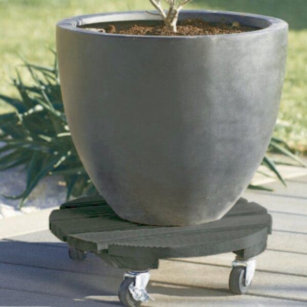 Support roule-pot en bois teinté anthracite avec roulettes pour pot de jardin ou pot de fleurs