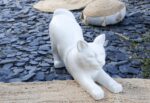 Statuette de chat assis au style minimaliste moderne, en résine effet terrazzo blanc avec de fines mouchetures grises et noires.