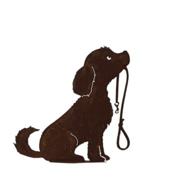 Statue chien Lucy avec laisse en métal sur socle hauteur 50 cm