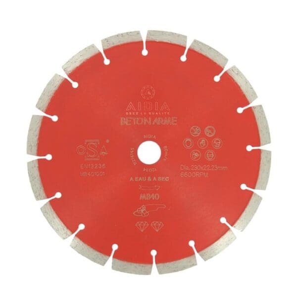Disque diamant MB40 pour la découpe du béton armé avec alésage 22,23 mm, destiné aux travaux intensifs de maçonnerie.