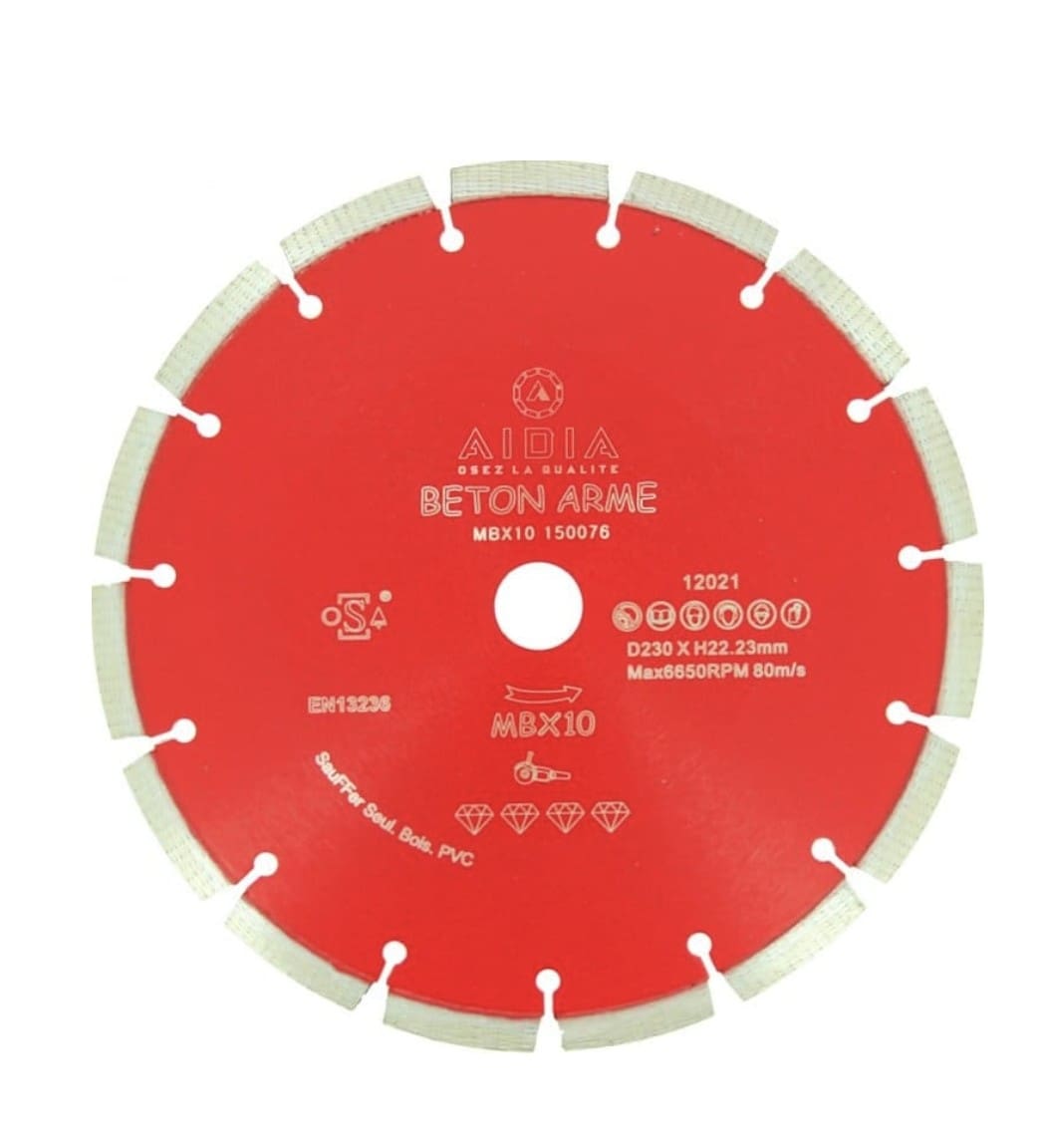Disque Diamant MBX10 Béton Armé & Pierre – Alésage 22,23 mm Disque diamant MBX10 pour la découpe du béton armé, de la pierre et des matériaux de construction, avec alésage 22,23 mm.