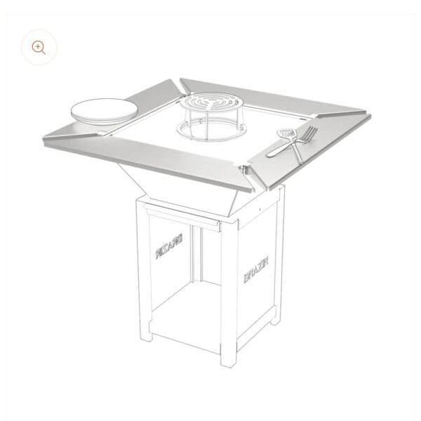 Tour de brasero carré Brazir 640 en acier inoxydable installé autour d'un brasero-plancha pour offrir un espace de pose et renforcer la sécurité.