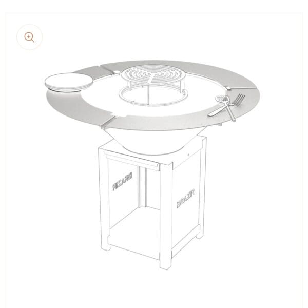 Tour de brasero rond Brazir 840 en acier inoxydable installé autour d'un brasero-plancha pour offrir un espace de pose et renforcer la sécurité.