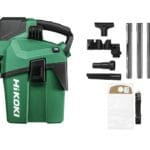Aspirateur sans fil HiKOKI pour chantier et atelier avec cuve, poignée de transport et flexible d'aspiration.