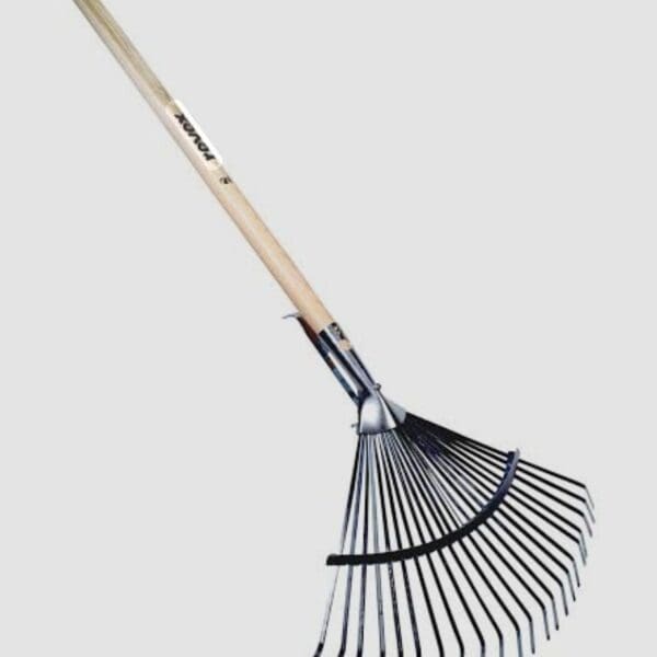 Balai bi-matière fil plat EM Revex avec manche en bois pour ramasser les feuilles et l’herbe coupée