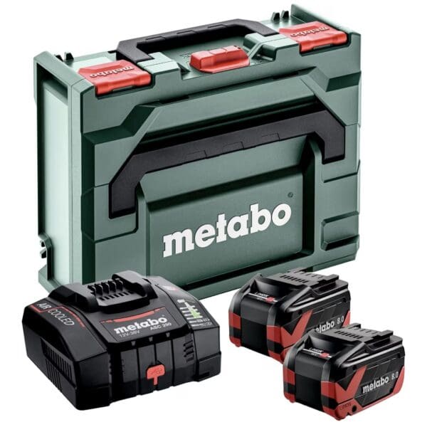 Lot de 2 batteries Metabo LiHD 18 V 8,0 Ah pour outils électroportatifs sans fil avec coffret de rangement.