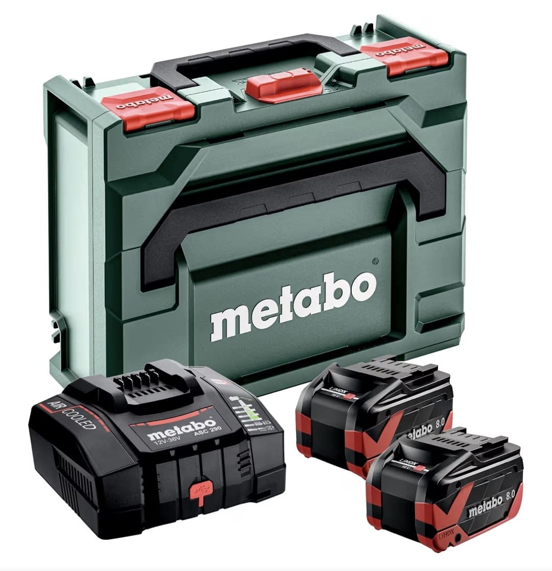 Set 2 batteries Metabo LiHD 18 V 8,0 Ah Lot de 2 batteries Metabo LiHD 18 V 8,0 Ah pour outils électroportatifs sans fil avec coffret de rangement.