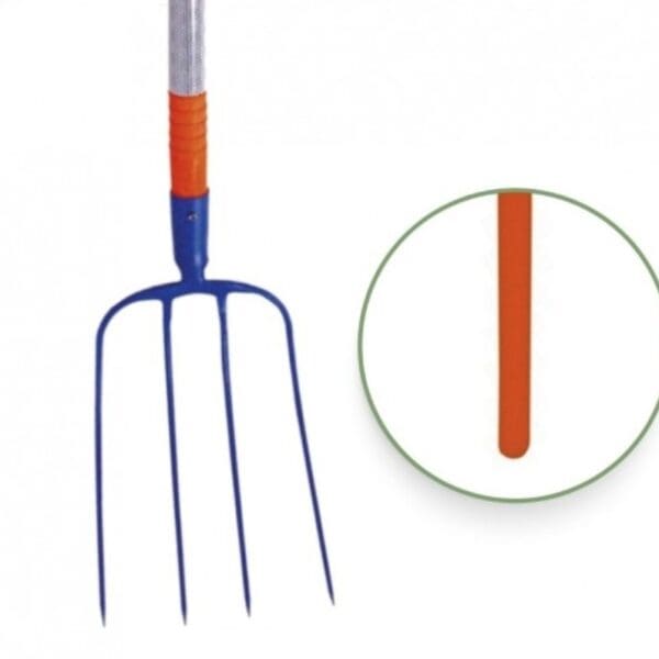 Fourche à fumier Revex 4 dents avec manche en résine orange de 135 cm pour soulever et transporter le fumier, la paille et les déchets verts.
