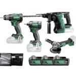 Kit HiKOKI avec deux batteries lithium-ion, chargeur rapide et coffret de transport pour outils électroportatifs sans fil.