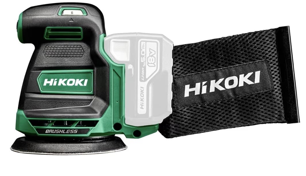 Ponceuse excentrique sans fil HiKOKI 18 V Brushless Ponceuse excentrique sans fil HiKOKI 18 V Brushless avec plateau de 125 mm pour le ponçage du bois, du métal et des surfaces peintes.