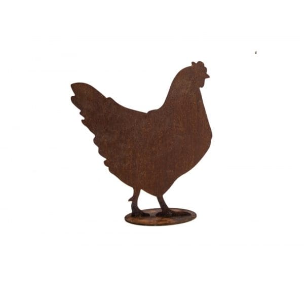 Poule décorative en métal rouillé pour jardin