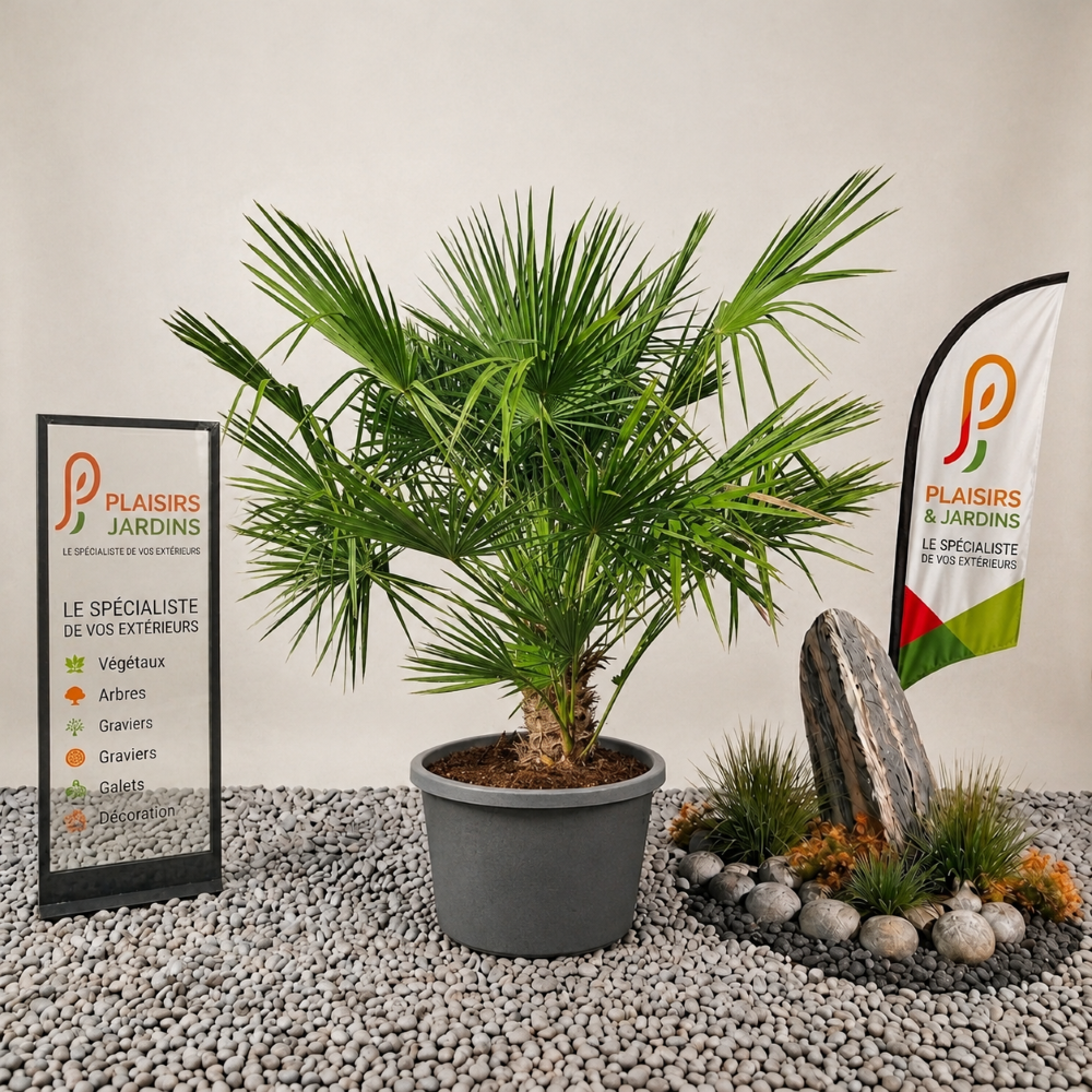 Chamaerops humilis 35 L Chamaerops humilis en pot de 35 litres, palmier méditerranéen rustique au feuillage vert en éventail.