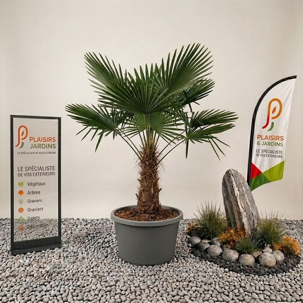 Trachycarpus fortunei – Palmier chanvre en pot 25 L Trachycarpus fortunei en pot 25 L, jeune palmier chanvre au feuillage vert